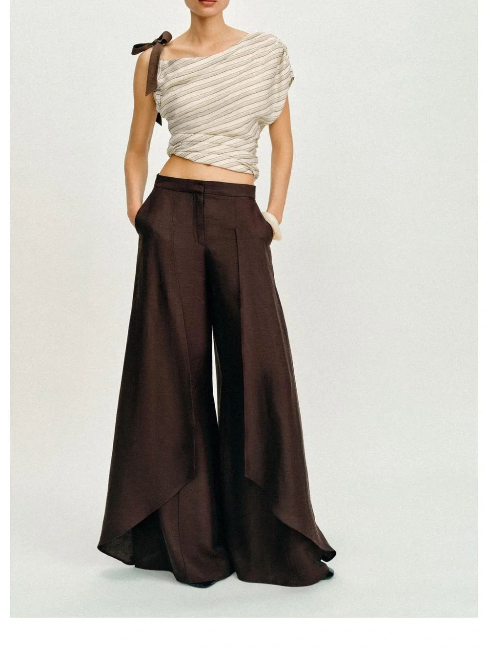 Zara Wide-Leg Overlay LINEN BLEND Palazzo Pants in Dark Brown